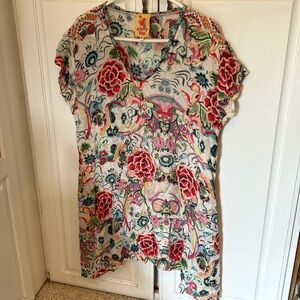Johnny Was Floral Dress XL Tunic Hankerchielf Style hemline.